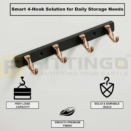 Image of 4 Hook Modern Bathroom Hooks for Hanging /Cloth Hooks for Door Back Side /Cloth Hanger for Wall (Rose Gold with Black) Pack of 1-| 3 Years Warranty |