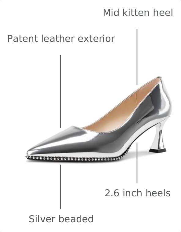 Image of TNYNFBEB Womens Mid Kitten Heel Pointed Toe Pumps Slip-on Silver Beaded Prom Party Dress Patent Leather 2.6 Inches Heels