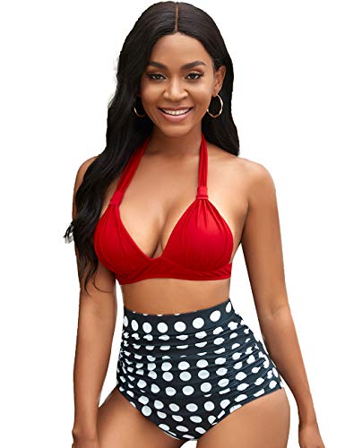 NAFLEAP Women High Waisted Retro Bikini Vintage 50s Push Up Swimsuits Sexy Halter V Neck Ruch Bra Bathing Suits Swimwear, Red, L
