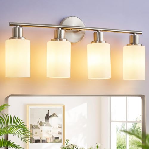 Image of DLLT 4-Light Bathroom Light Fixtures: Nickel Modern Vanity Lights with E26 Bulbs - Milky White Glass Shade Bathroom Wall Lamp for Mirror Kitchen Living Room Hallway Cabinet Porch