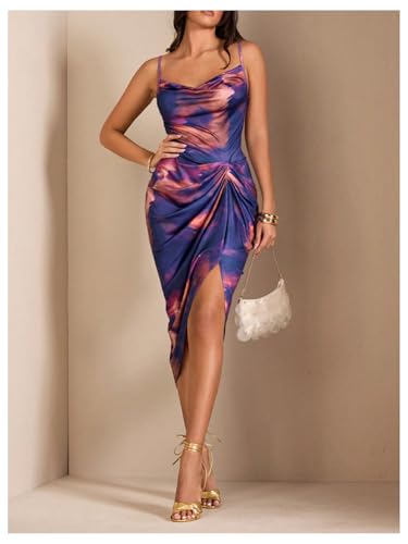 WDIRARA Women's Tie Dye Sleeveless Bodycon Midi Dress Cowl Neck Ruched Split Cami Dresses4