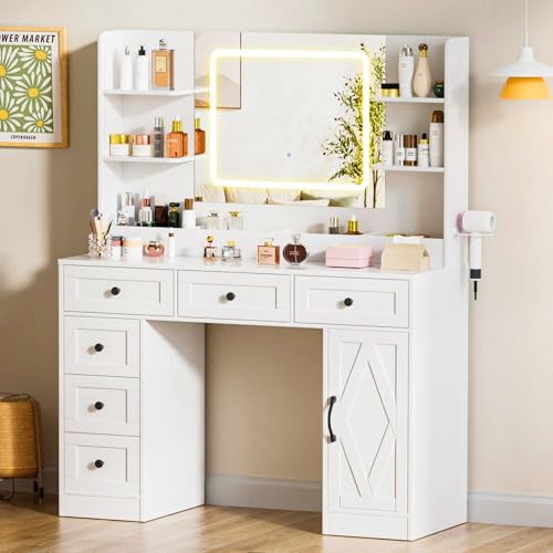 COMHOMA Makeup Vanity Desk with Mirror and Lights, Large Vanity Table with 6 Drawers & 1 Storage Cabinet, White Bedroom Dresser Table for Girls, 3 Color Modes Adjustable Mirror, White