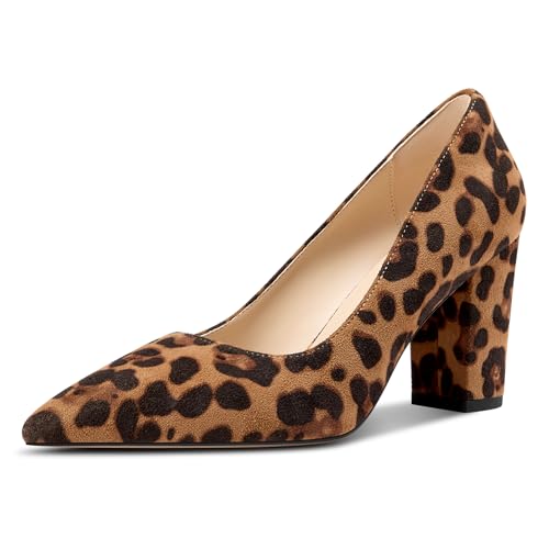 Image of Aachcol Women Pumps Pointed Toe Slip on Mid Heel Dress Office Chunky Block Heels Shoes 3 Inches