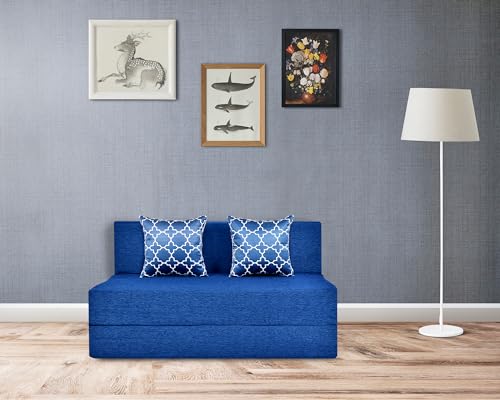 Image of Foldable Two Seater Sofa Bed 4X6 Ft Jute Fabric Washable Cover Convertible Sofa Bed for Home & Office, Guest Room (Finish Color Blue - Pre-Assembled)