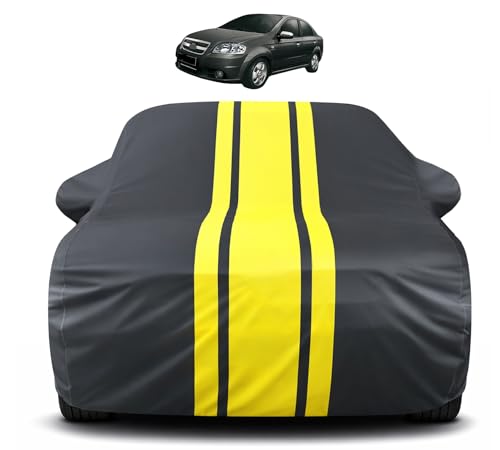 Image of Auto Hub Car Cover Compatible with Chevrolet Aveo with Mirror Pocket, Soft Cotton Lining, Aveo Car Cover Waterproof - Yellow-Black