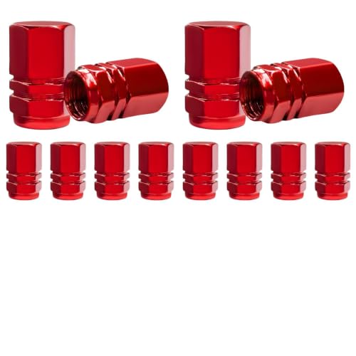 Xiqaler 12 PCS Car Tire Valve Stem Caps, Corrosion Resistant Aluminum Alloy Auto Tire Air Cap Set, Universal Leak-Proof Hexagon Shape Valve Stem Covers for Cars SUVs Bikes Trucks (Red)