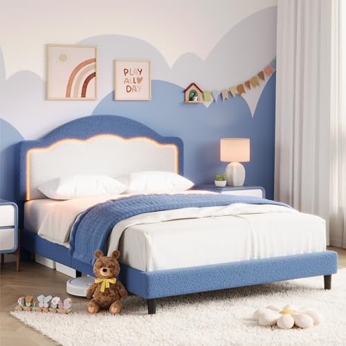 Image of GarveeHome Bed Frame with LED Headboard for Kids, Sherpa Upholstered Platform Bed Frame with Wood Slat Support, No Box Spring Required, Easy to Assemble (Blue, Twin)