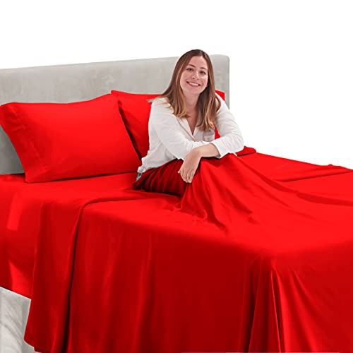 Image of Hearth & Harbor Extra Deep Pocket Bed Sheet Set - 4 Piece Hotel Luxury Sheets Fits Up to 24 inch Thick Mattress - California King - Cherry Red