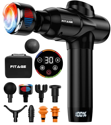 FITAGE Pistola de Masaje Muscular– Masajeador Profesional con 30 Niveles de Velocidad y 8 Cabezales para Relajación Profunda y Recuperación Muscular- Premium