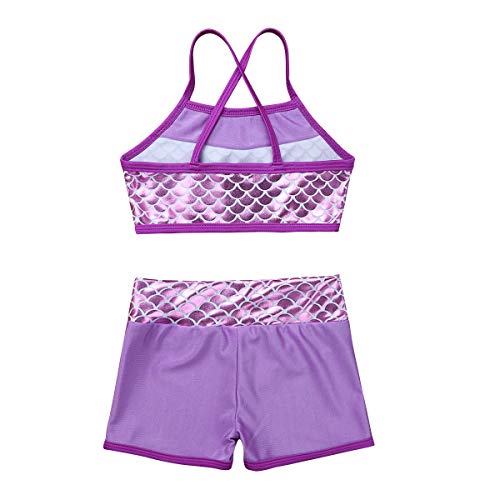 Kids Girls Two Pieces Sports Dance Outfit Crop Tops Bra with Shorts set Gymnastics Athletic Leotard Swimwear Mermaid Scales Lavender 5-64