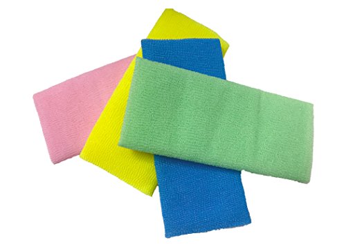 Nitram Premium Spa Exfoliating Bath Cloth Towel set (4 Pack) Extra Long (35 Inches) shower loofah body scrubber Nylon Bath scrubber Precise exfoliation Beauty Skin Bath Wash pink, green, blue, yellow