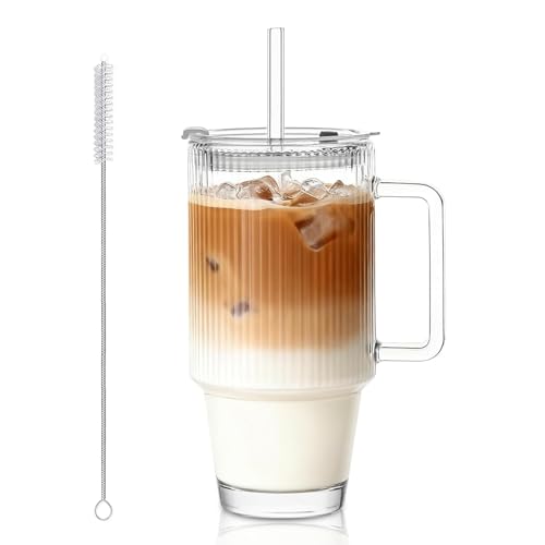 KEMORELA Trinkglas mit Deckel und Strohhalm | 710ml Gerippte Glasbecher, Robust & Spülmaschinenfest | Für Iced Coffee, Smoothie, Saft, Cocktail, Wasserglas