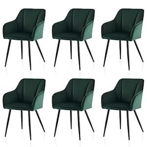 TUKAILAi Set of 6 Velvet Dining Chairs with Arms, Kitchen Leisure Chairs with Upholstered Seat, Backrest, Metal Legs, Lounge Reception Dining Living Room Bedroom Green
