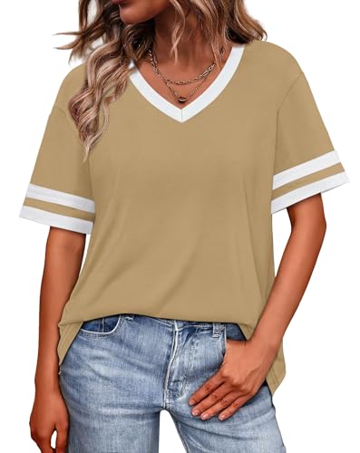 Image of WIHOLL Womens T Shirts Loose Fit Short Sleeve Tees V Neck Color Block Summer Tops 2026 Fashion S-4XL