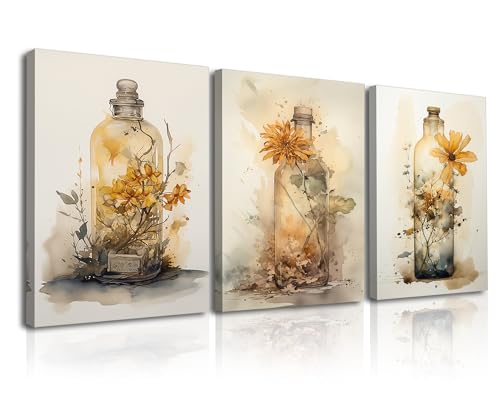 Piy Painting Cuadro Moderno, Flores en Jarrones Cuadros De Lienzo, Vintage Impresiones Murales, Lienzos Decorativos Con Marco Interior 30x40cm, Cuadros Para Pasillo Baño Sala De Yoga 3 unids/set