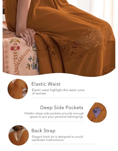 Image of Olaesa Boho Maxi Dress V Neck Short Sleeve Lace Smocked Waist Flowy Dress | Wedding Guest Dress with Pockets, Summer Bohemian Vacation Dress, Elegant Party Dress for Family photo& Baby Shower