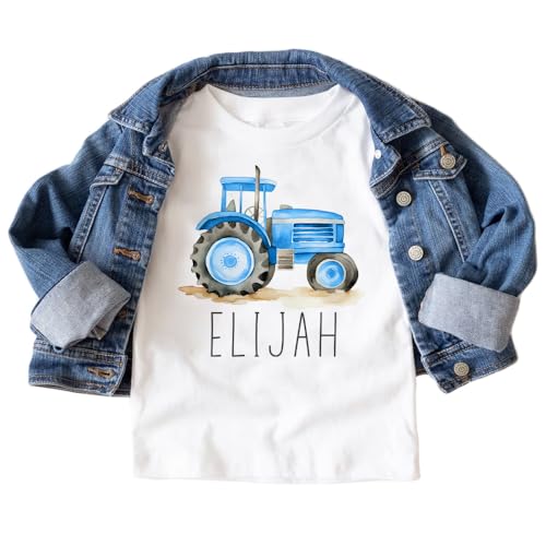 Personalized Tractor Toddler Shirt - Cute Custom Name Farmer - Blue Farm Tractor Tee - Boho Natural Kids Shirts2
