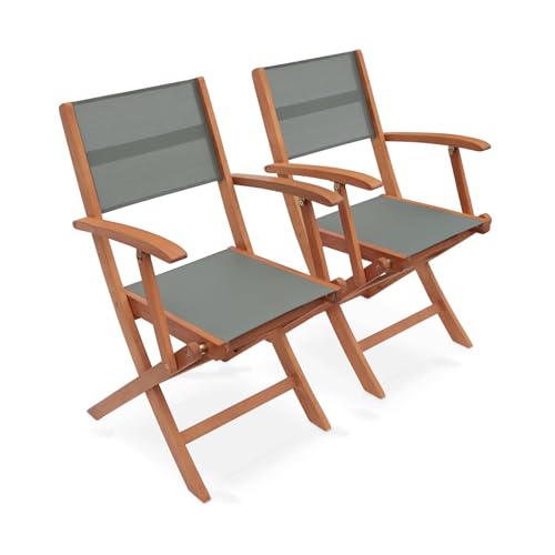 sweeek - Fauteuils de Jardin en Bois et textilène - Almeria Kaki - 2 fauteuils pliants en Bois d'Eucalyptus huilé et textilène
