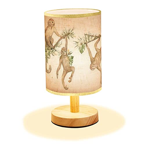 Lopyeijfg Minimalist Bedside Table Lamp Watercolor Cute Monkeys Floral Tropical Bouquets Exotic Tropical Wood Nightstand Lamp Bedside Desk Lamp Wood Base Flaxen Fabric Shade For Bedroom Living Room #TOP30