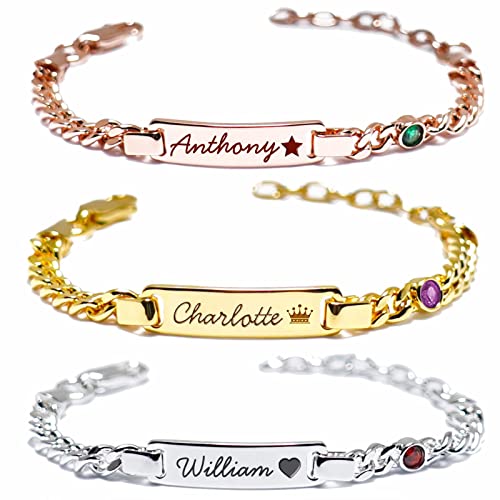 AZUFEMOS Custom Baby Bracelet for Infant Girls Boys, Toddler Bracelet with Birthstone, 18K Gold Plated Bracelet Engraved Name, Kids Jewelry for Girls Boys Gifts for Easter Birthday Baptism