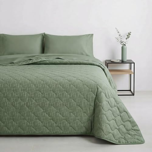 Mahome Colcha individual para primavera y verano, 100 % puro algodón, 170 x 260 cm, ligera, reversible – Colcha acolchada suave transpirable hipoalergénica – Made in Italy – Climp Oliva