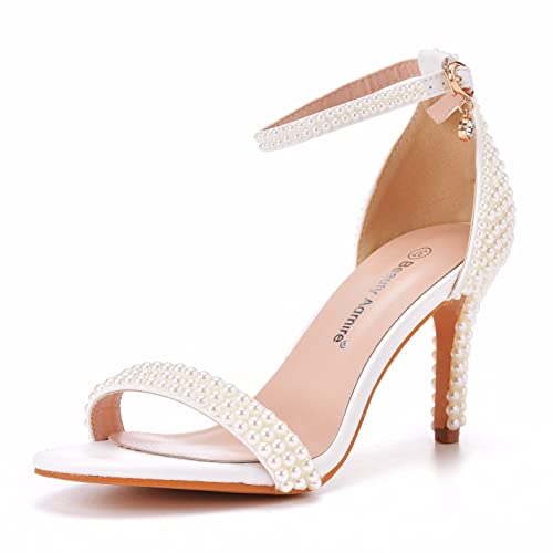 4.3'' Ivory Pearls Stiletto Heels Sandals Peep Toe Women's High Heel Sandals Pump Shoes for Bride Wedding Party Evening Dress Shoes