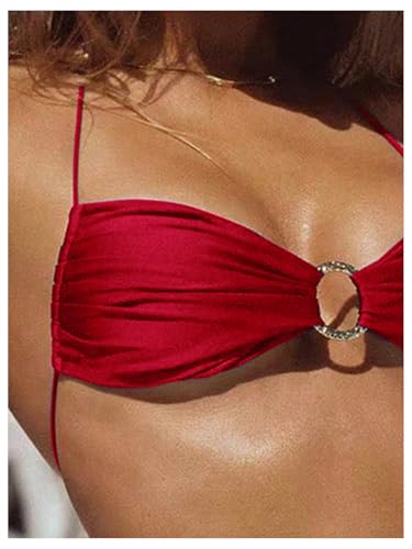 Image of SOLY HUX Bathing Suit for Women Halter Ring Linked Tie Side Bikini Sets Two Piece Swimsuit