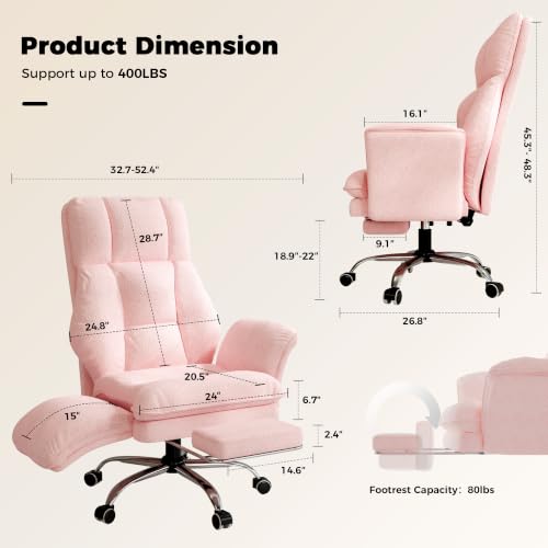 Image of Big and Tall Office Chair, Flip Armrests for Pets & Cross Legged Sitting, Executive Ergonomic Computer Gaming Chair with Foot Rest, Teddy Fleece Wide Seat Reclining Desk Chair, Pink