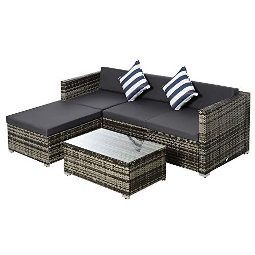 Outsunny 5-TLG. Polyrattan Gartenmöbel Set Gartengarnitur Garten-Set Sitzgruppe Loungeset Loungemöbel mit Beistelltisch Kissen Grau