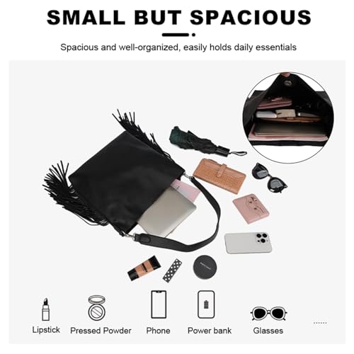 Black Faux Leather Hobo Shoulder Bag with Tassel, Stylish Purse & Handbag for Women, Lightweight Large Tote with 2PC3