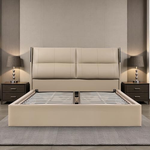 Image of The Attic Nova Queen Size Bed with Hydraulic Lift Storage with Soft Cushion Headboard Khakhi Beige