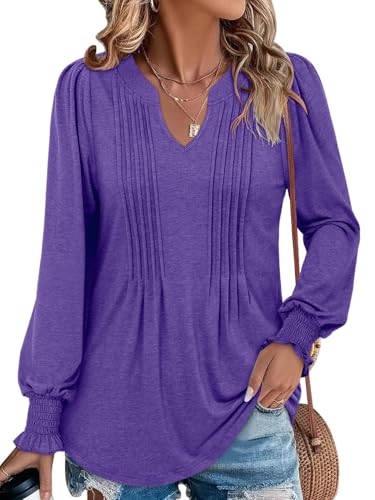 BETTE BOUTIK Long Sleeve Shirts for Women Fall Tops Dressy Blouses Pleated V Neck Tunic Tops for Leggings S-3XL