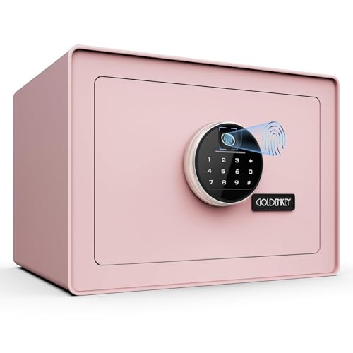 Goldenkey Luxury Jewelry Safe with Fingerprint&Keypad Lock Document Safe Box with Soft Velvet Lining Removable Shelf High Security for Home Office Hotel 1.2 Cu.Ft./ Pink