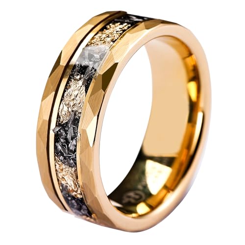 Mens Tungsten Carbide Wedding Bands 8mm Black Hammered Edge Gold Foil Inly Durable Scratch Proof Stainless Steel Cool Promise Ring for Him Comfort Fit