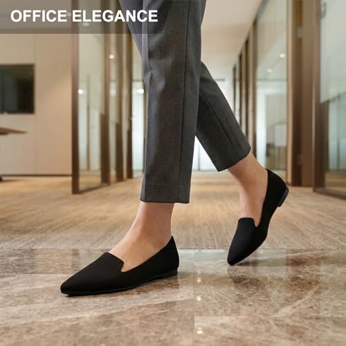 Image of MUSSHOE Black Flats for Women Pointed Toe-Comfortable Business Casual Work Shoes, Dressy Suede Slip On with Memory Foam for Office, Teacher & Standing All Day