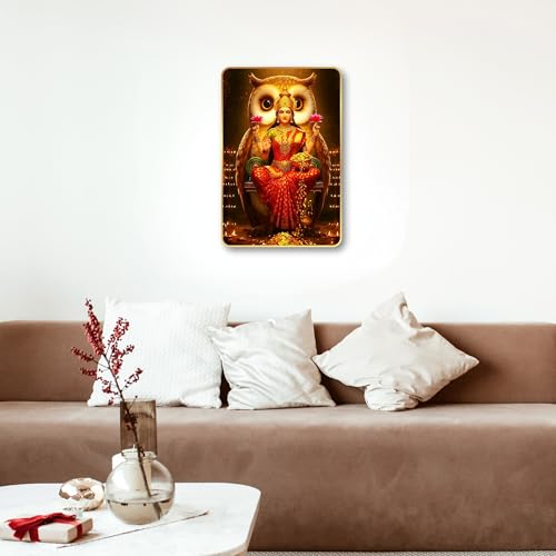 Image of Arkasto Lakshmi Mata with Owl Vahan Wall Poster | Goddess of Wealth & Prosperity | Golden Spiritual Wall Art for Home & Office Temple (Style-02, 12x18 inch)