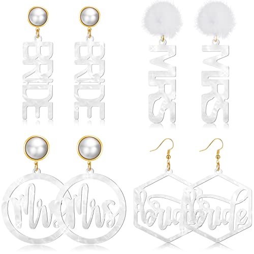 Bonuci 4 Pairs Bride and Mrs Earrings Set Mrs Bride Letter Dangle Earring Acrylic Wedding Earrings for Brides Handmade Bridal Fun Statement Jewelry for Women Bridesmaid Party Gift Accessories