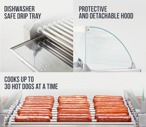 Image of SYBO Hot Dog Roller, 30 Hot Dogs 11 Rollers Grill Cooker Machine with Removable Stainless Steel Drip Tray and Glass Hood Cover, 1430-Watts, Perfect for Commercial And Party