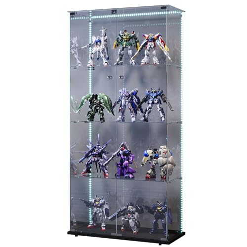 Sorvaglos - Vitrina con tira LED, 4 pisos, puerta de cristal templado, negro, antipolvo, vitrina vertical para sala de estar, oficina, objetos de colección, 35 x 39,8 x 163 cm