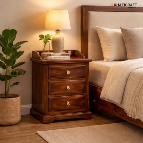 Image of Solid Sheesham Wood Kuber Bedside Table with 3 Drawer Storage for Bedroom Furniture | Wooden Bedside End Tables | Nightstand Side Table for Living Room, Home and Hotels (Honey Finish)