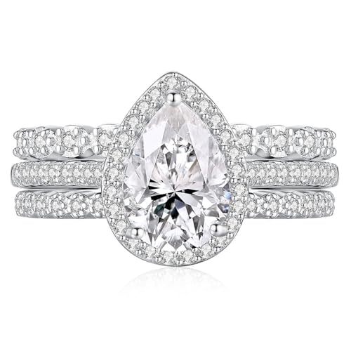 3PCS Wedding Ring Sets for Women Bridal Ring Set 925 Sterling Silver AAAAA Cz Pear Cut Wedding Band for Her Size 5-10