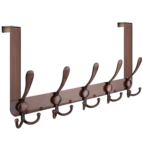 Image of TICONN Over The Door Hooks, 5 Heavy Duty Tri Coat Rack All Metal Coat Hanger for Bathroom Bedroom Dorm (Antique Bronze, 1PK, Fit 1-3/8" Doors)