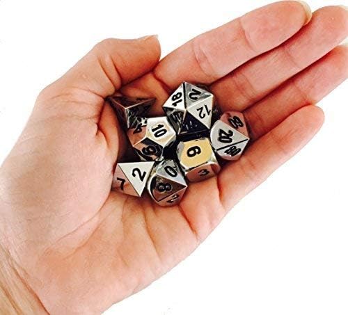 SkullSplitter Dice- Metal Dice Set - Complete Polyhedral Dice Set for RPG DND and Other Table Top Games - Includes Cool Dice Case - Silver Chrome Color with Black Numbering