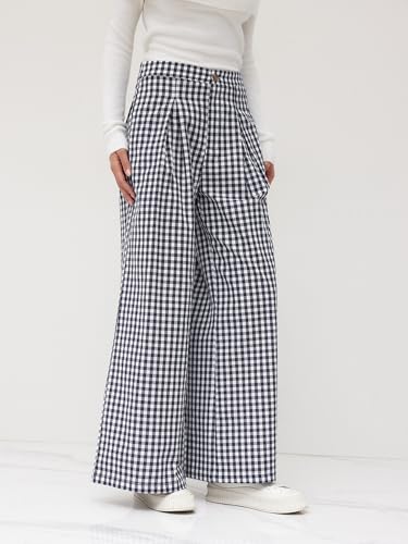 CIDER Wide Leg Pants High Waist Gingham Trousers Women Plaid Pants Casual Pants with Pockets2