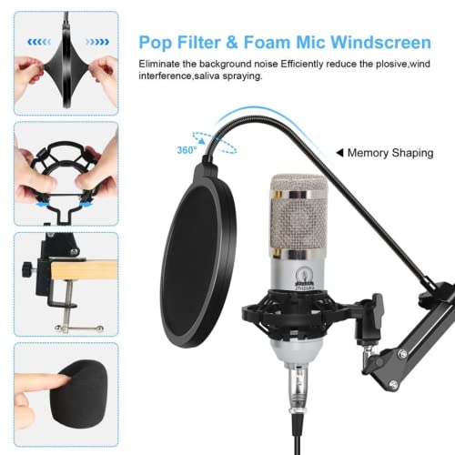 Image of ZHIZUKA Condenser Microphone Set V8 Sound Card Mixer Amplifier Voice Changer Audio Interface | Singing Smule Live Streaming Podcast Broadcasting (3.5mm Mic + Sound Card, Silver)