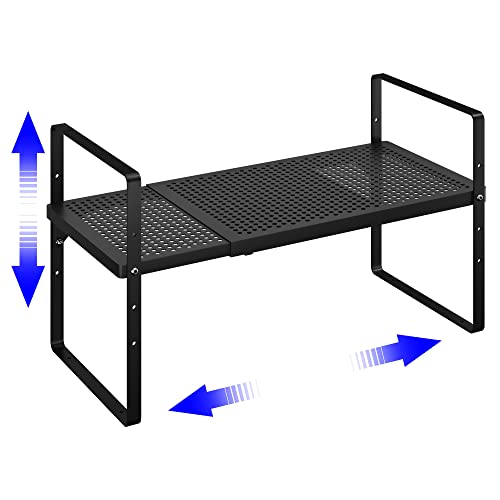 Kikibro Expandable Stack-Up Rack Counter Organizer Spice Cabinet Pantry Shelf Cupboard Stand Storage Shelves Bathroom Kitchen Dinning Study Room Accessories 80Lbs Heavy Duty Black Small 1 Pack #TOP4