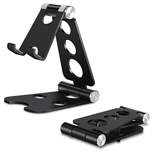 Foldable Phone Stand, Angle Height Adjustable Cell Phone Desk Holder, Portable Metal Aluminum, Mobile Phone Holder Cradle Dock with Non-Slip Base for iPhone, All Android Smartphone- 1Pack Black