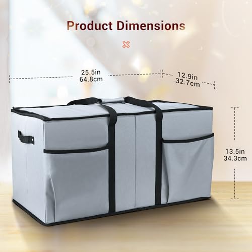Christmas Ornament Storage Box, Mrrihand Xmas Decoration Organizer with Adjustable Dividers - Storage Container Keeps 128 Holiday Ornaments 3-Inch, Dual Zipper Closure, 600D Tear-Proof Material (Gray) - Thumbnail 2