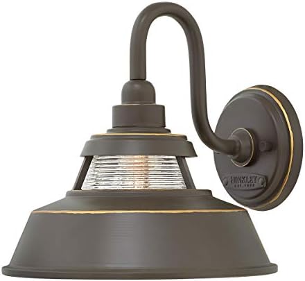 Hinkley Troyer Small Outdoor Wall Mount Lantern Light, Gooseneck Arm, Farmhouse Shade with Ribbed Glass Accent, Oil Rubbed Bronze