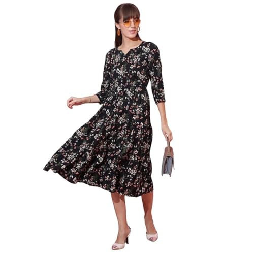 Image of Sheetal Associates Women's Casual 3 /4 Sleeve Crepe Fit and Flare Dress| Comfortable Relaxed Fit Summer Party Dress